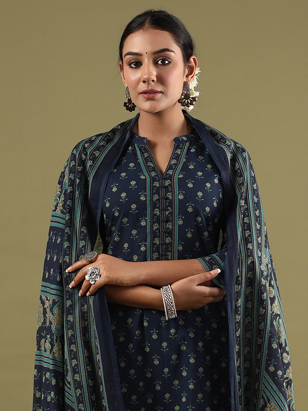 Indo Era Blue Printed Straight Kurta Salwar With Dupatta set