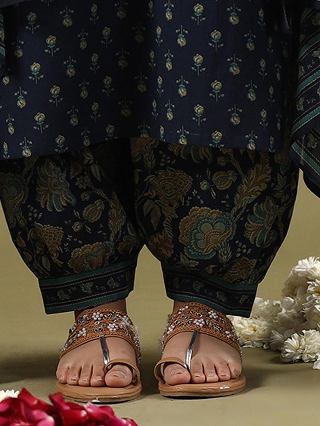 Indo Era Blue Printed Straight Kurta Salwar With Dupatta set