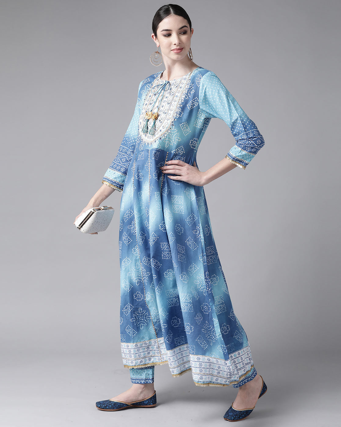 Indo Era Blue Embroidered A-line Kurta with Trouser