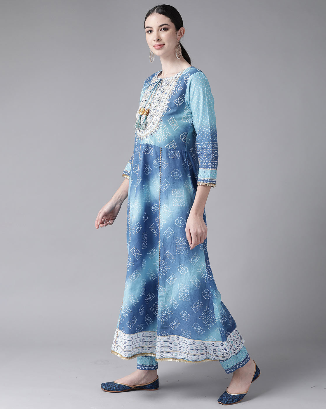 Indo Era Blue Embroidered A-line Kurta with Trouser