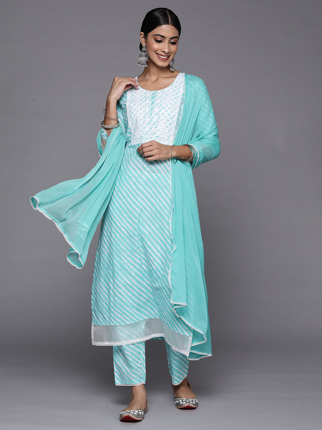 Indo Era Blue Embroidered Straight Kurta Trousers With Dupatta Set