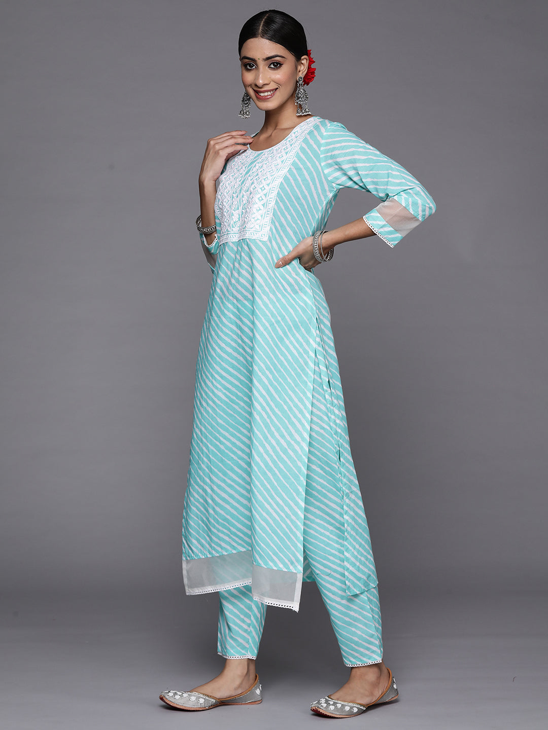 Indo Era Blue Embroidered Straight Kurta Trousers With Dupatta Set