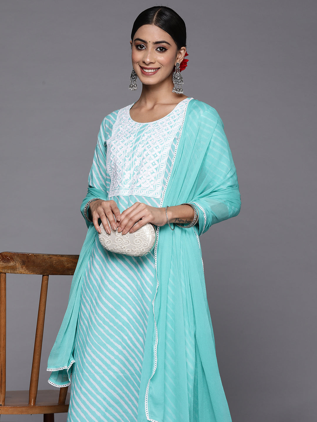 Indo Era Blue Embroidered Straight Kurta Trousers With Dupatta Set