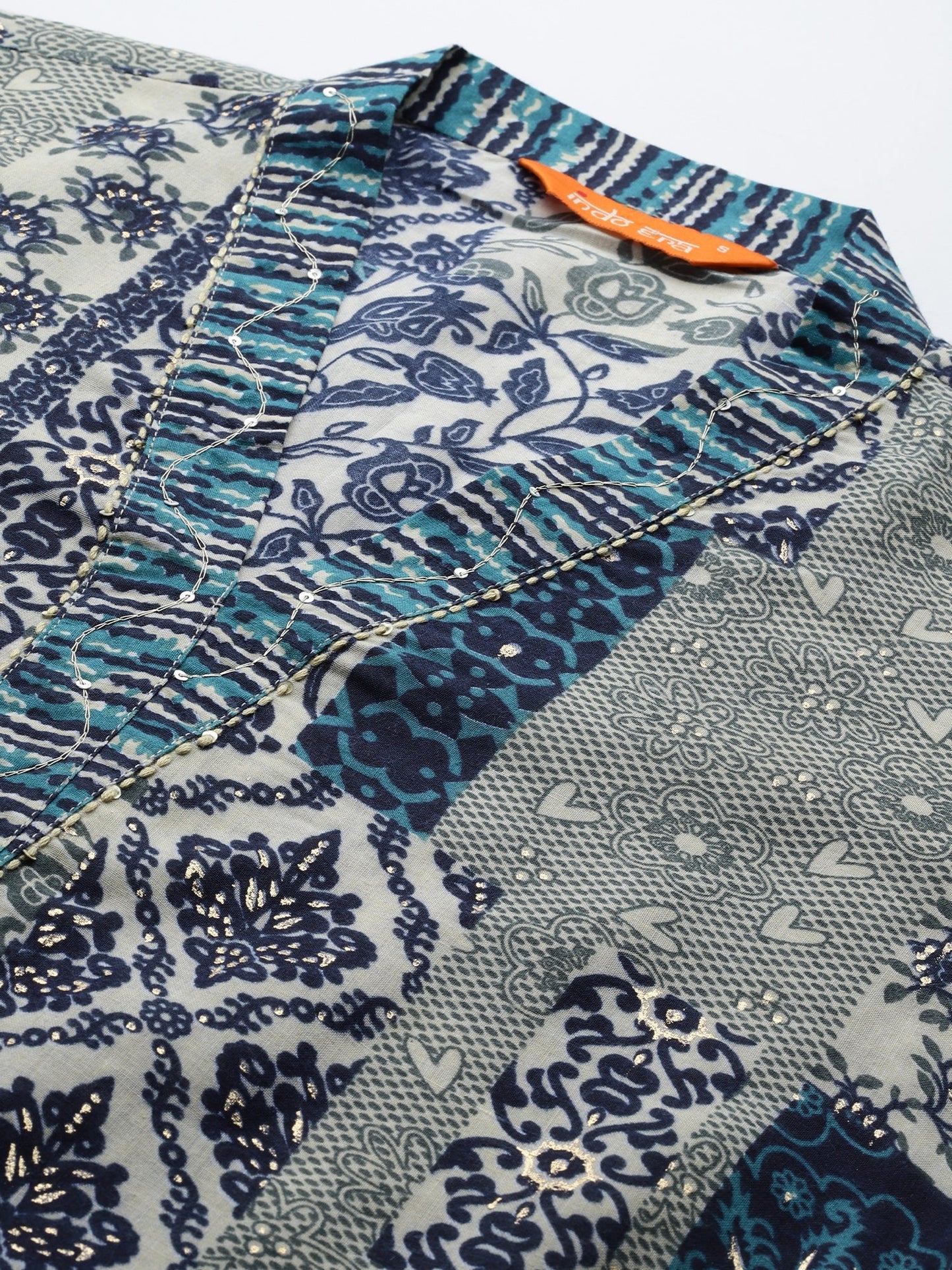 Indo Era Blue Printed Straight Kurta Trousers With Dupatta Set