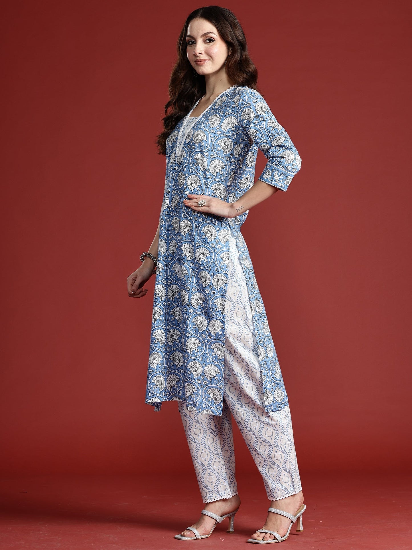 Indo Era Blue Printed Straight Kurta Trousers With Dupatta Set