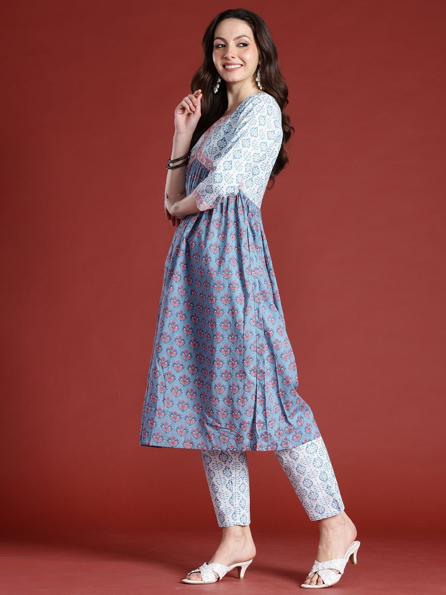 Indo Era Blue Printed A-Line Kurta Trousers With Dupatta Set