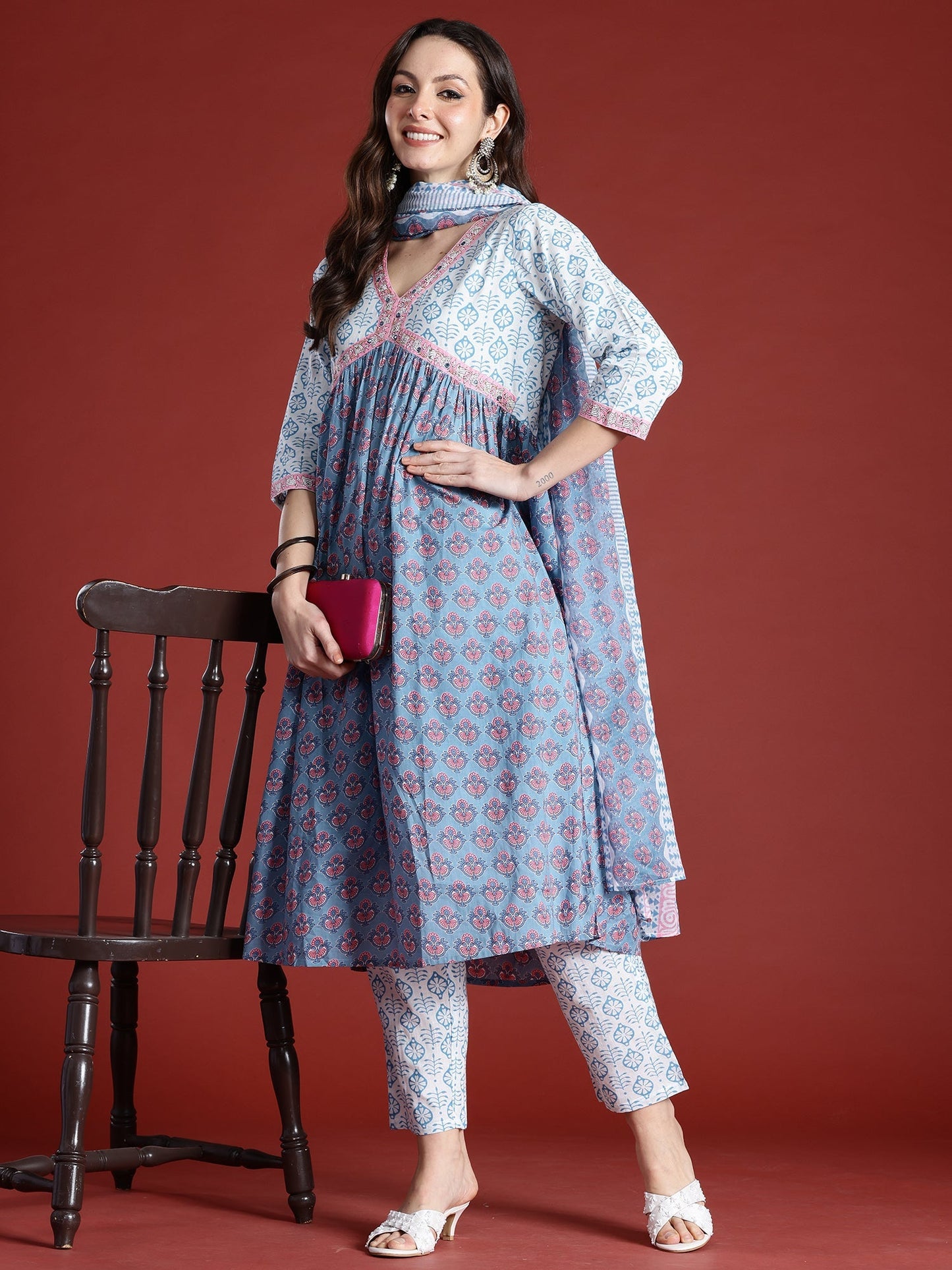 Indo Era Blue Printed A-Line Kurta Trousers With Dupatta Set