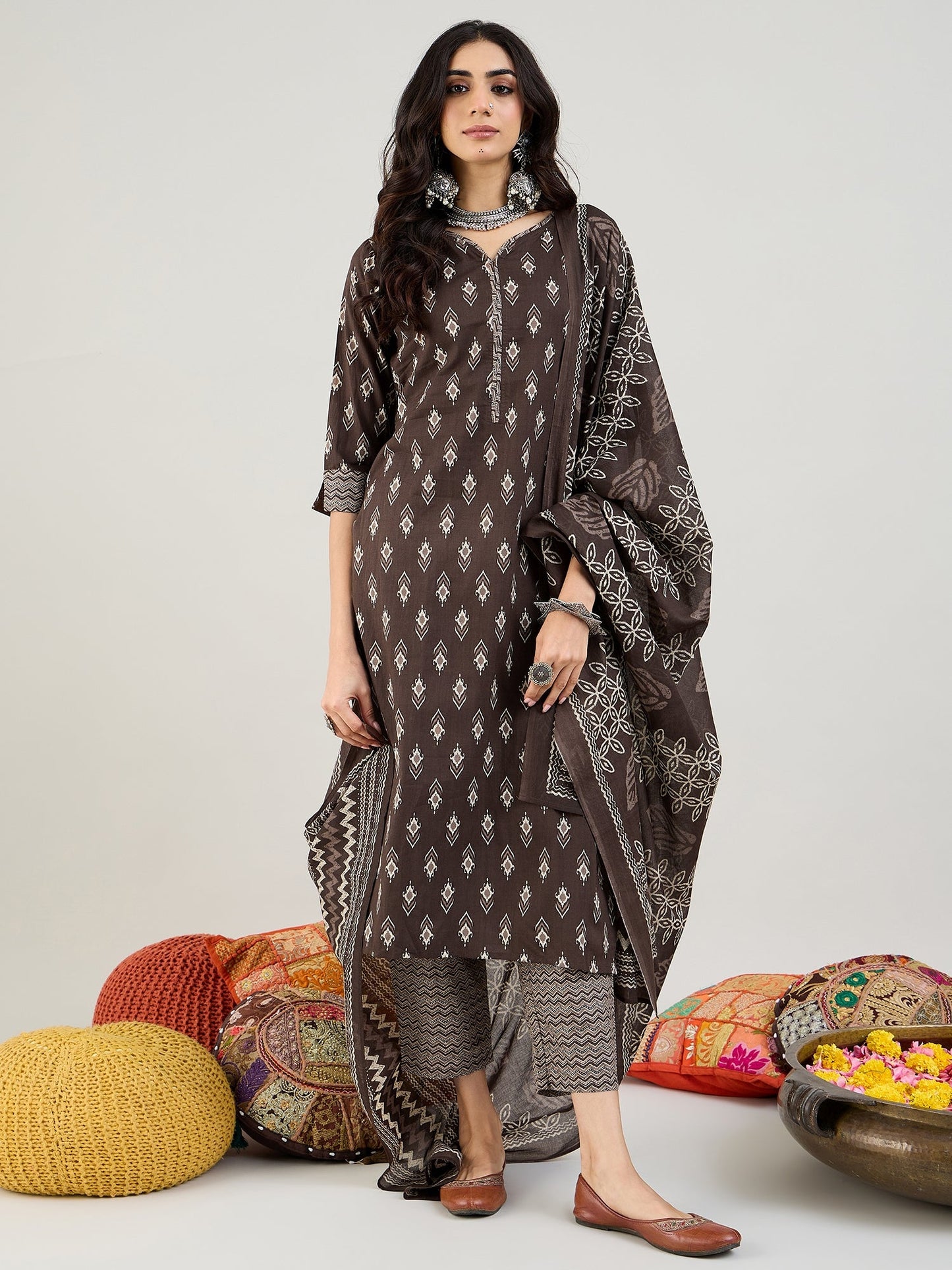 Brown Printed Straight Kurta Trousers With Dupatta set