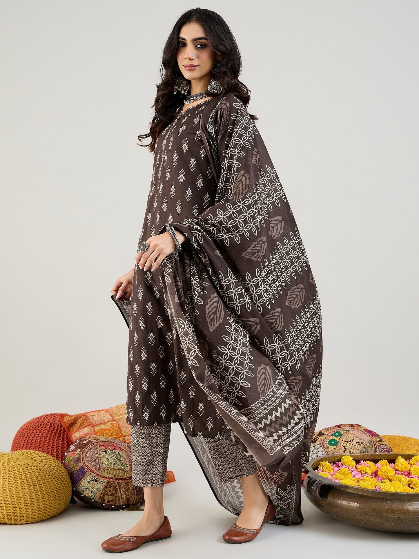 Brown Printed Straight Kurta Trousers With Dupatta set