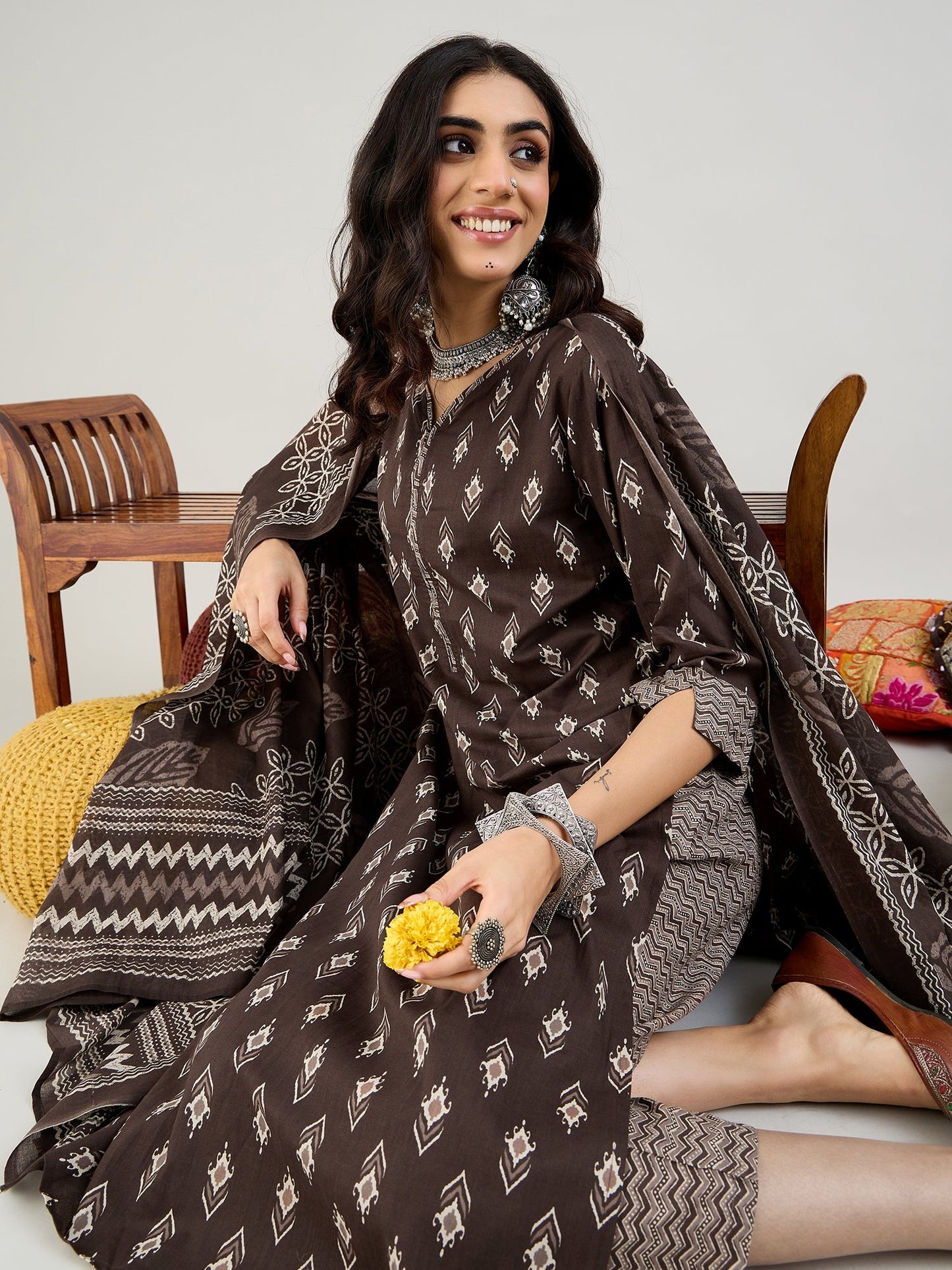 Brown Printed Straight Kurta Trousers With Dupatta set