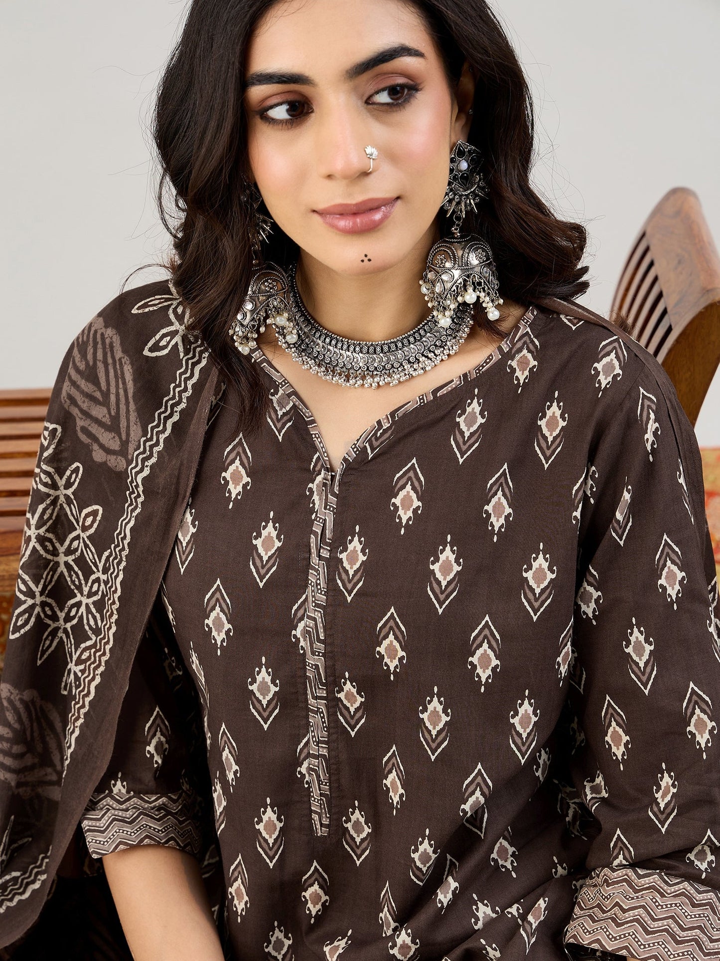 Brown Printed Straight Kurta Trousers With Dupatta set