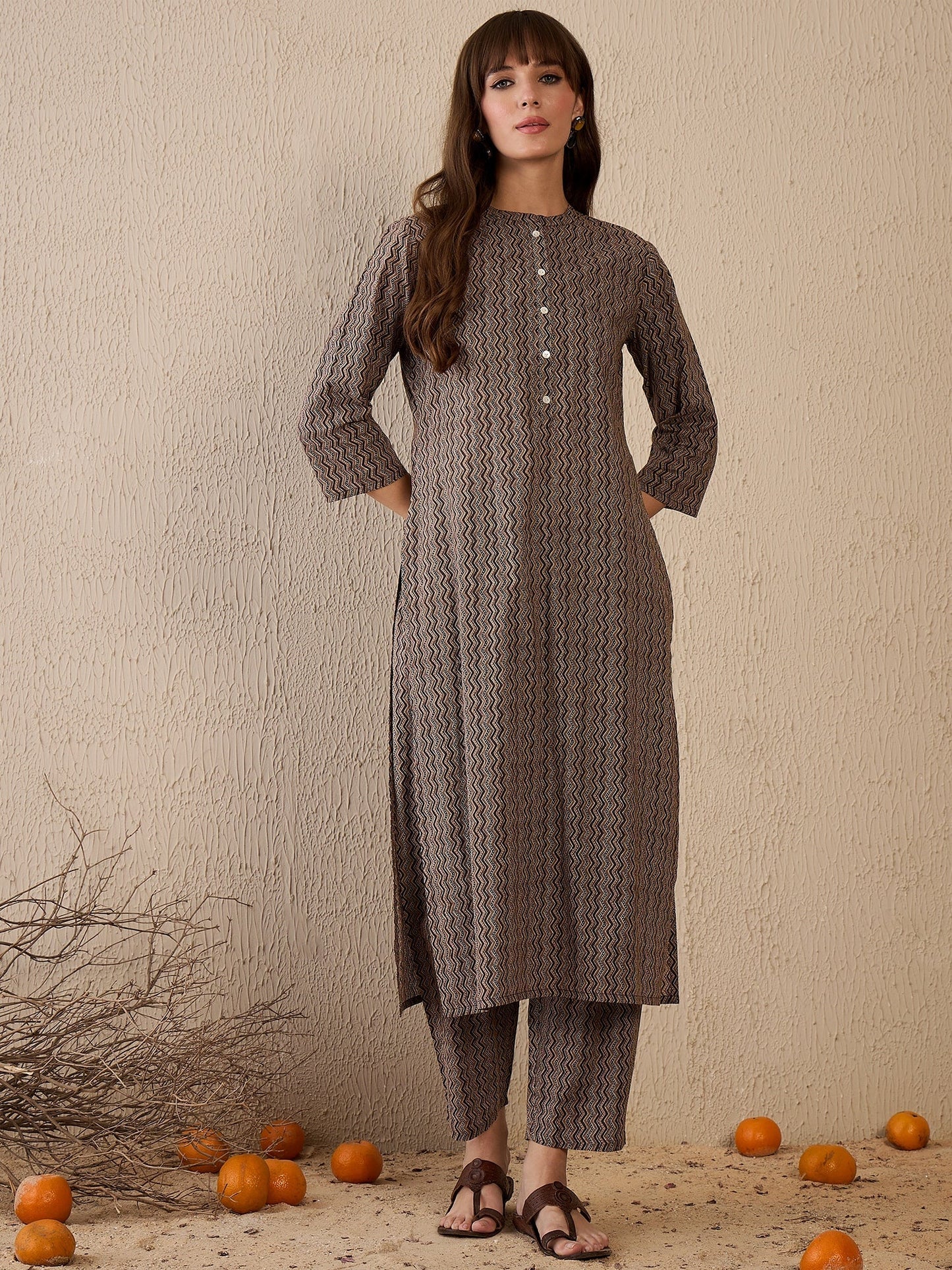 Indo Era Brown Printed Straight Kurta Trousers With Dupatta Set