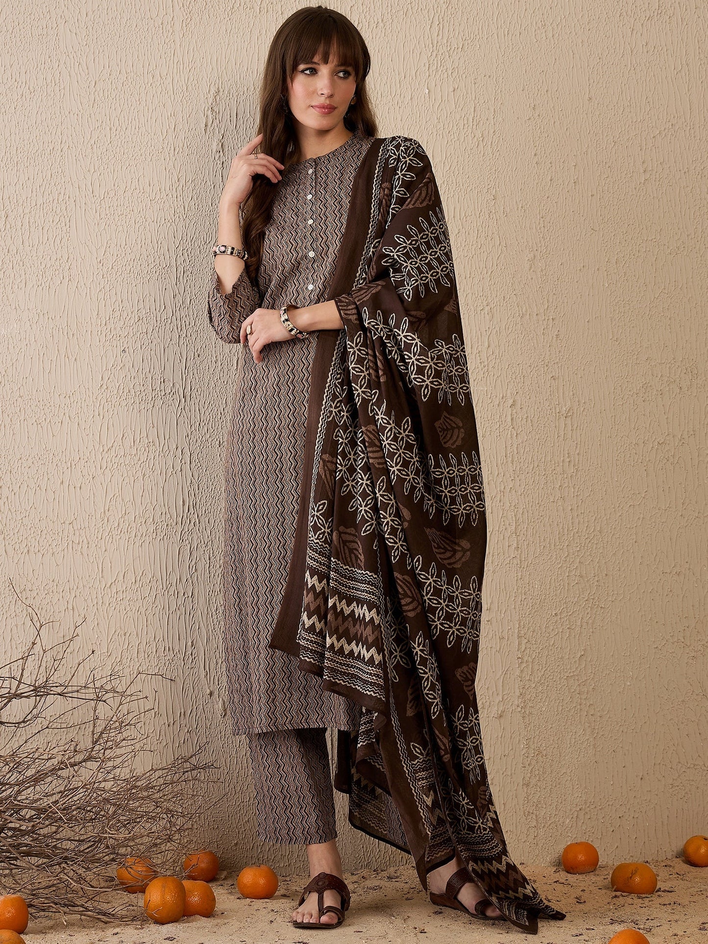 Indo Era Brown Printed Straight Kurta Trousers With Dupatta Set