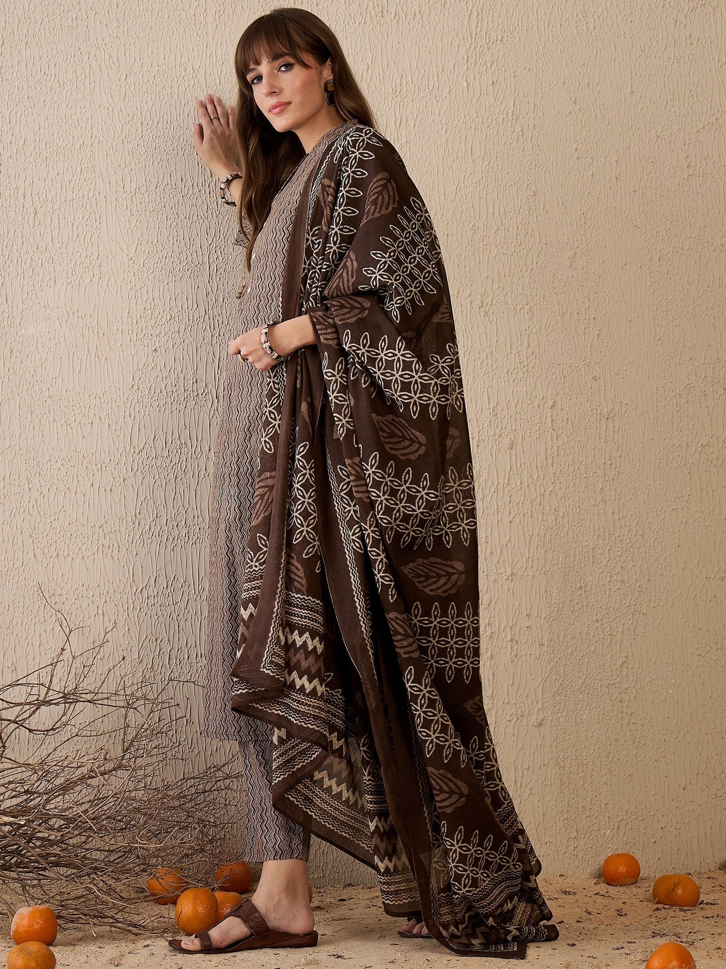 Indo Era Brown Printed Straight Kurta Trousers With Dupatta Set