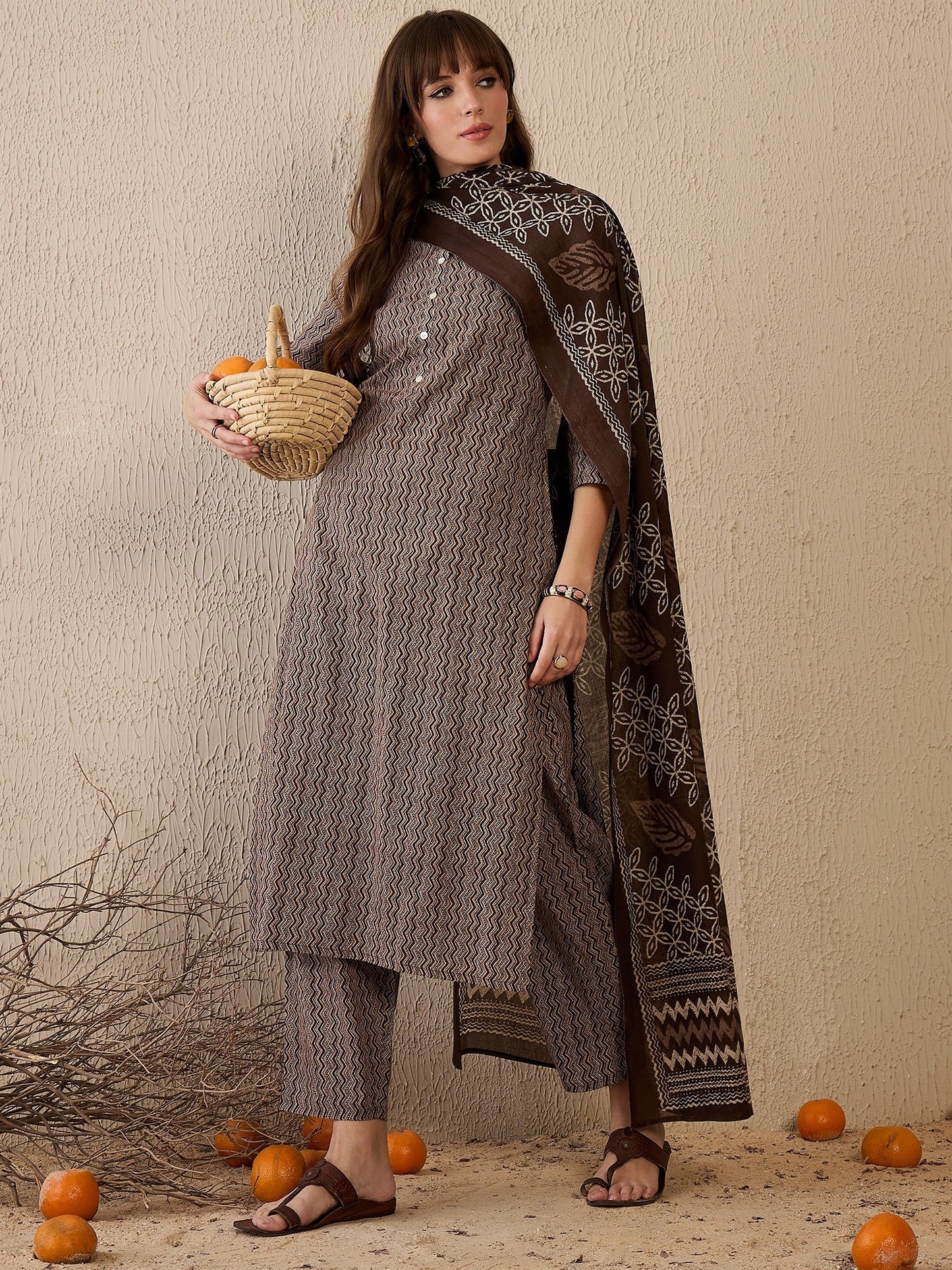 Indo Era Brown Printed Straight Kurta Trousers With Dupatta Set