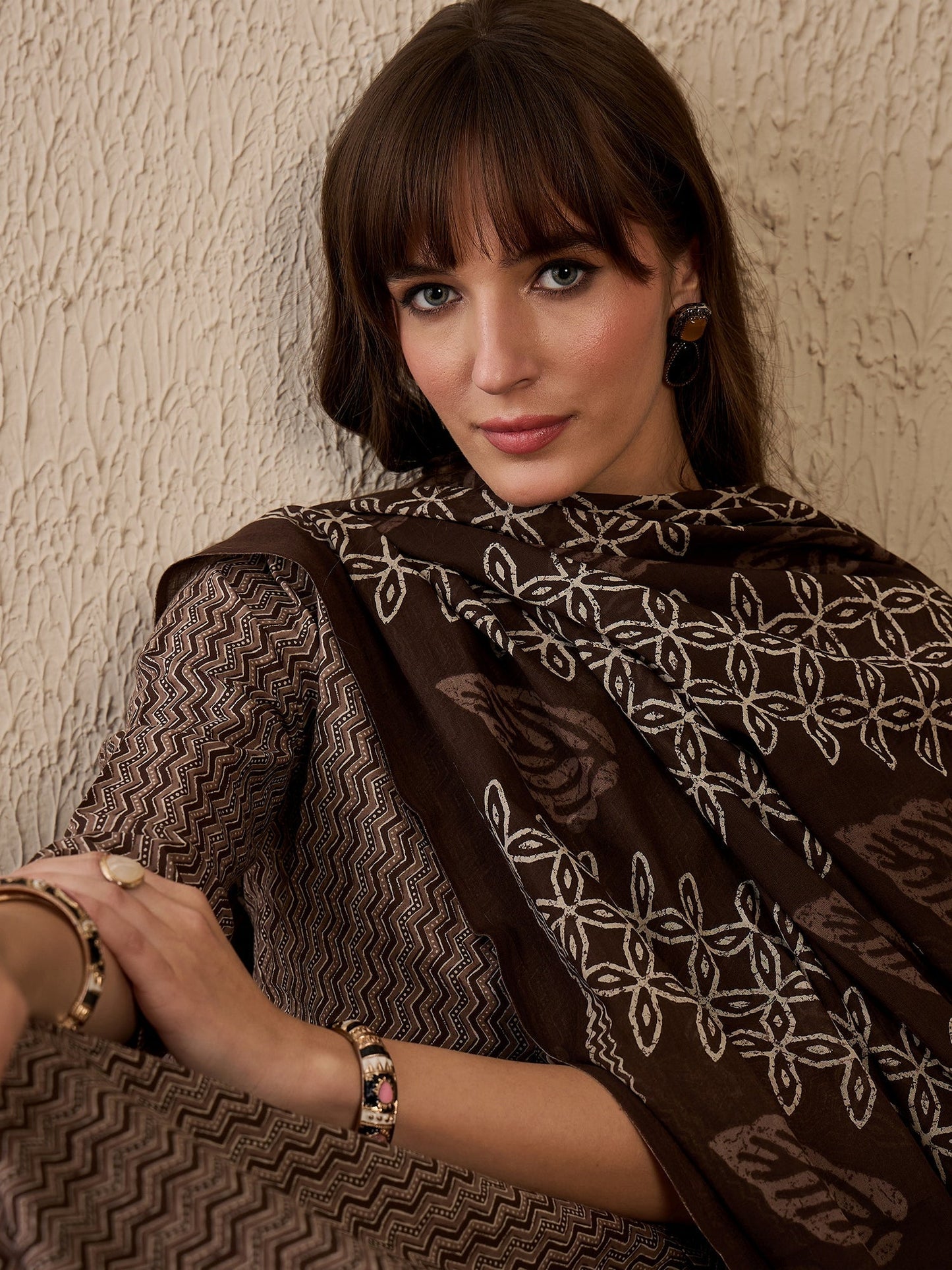 Indo Era Brown Printed Straight Kurta Trousers With Dupatta Set