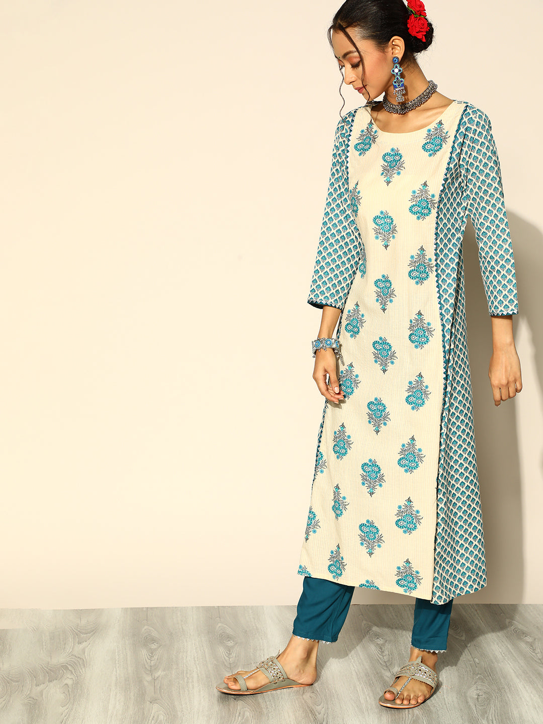 Indo Era Cream Printed A-Line Kurta Trouser With Dupatta Set
