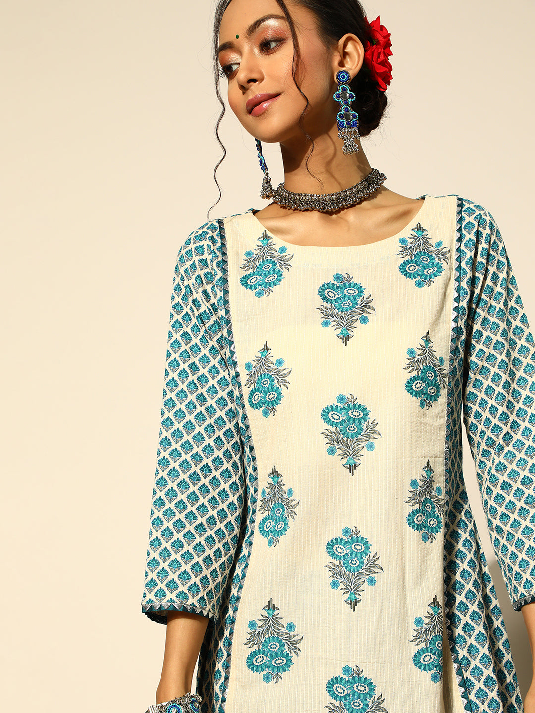 Indo Era Cream Printed A-Line Kurta Trouser With Dupatta Set