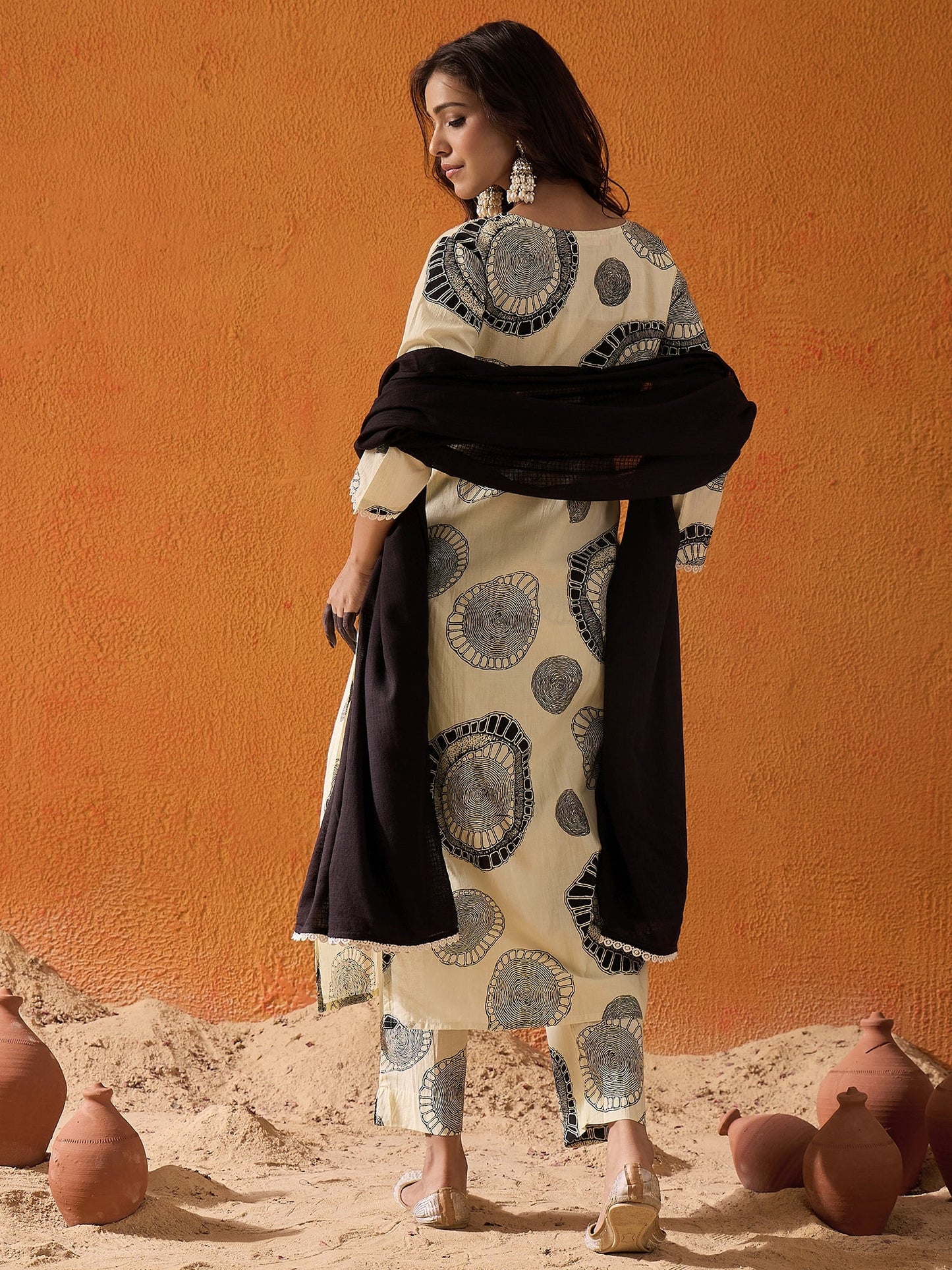 Cream Printed Straight Kurta Trousers With Dupatta set