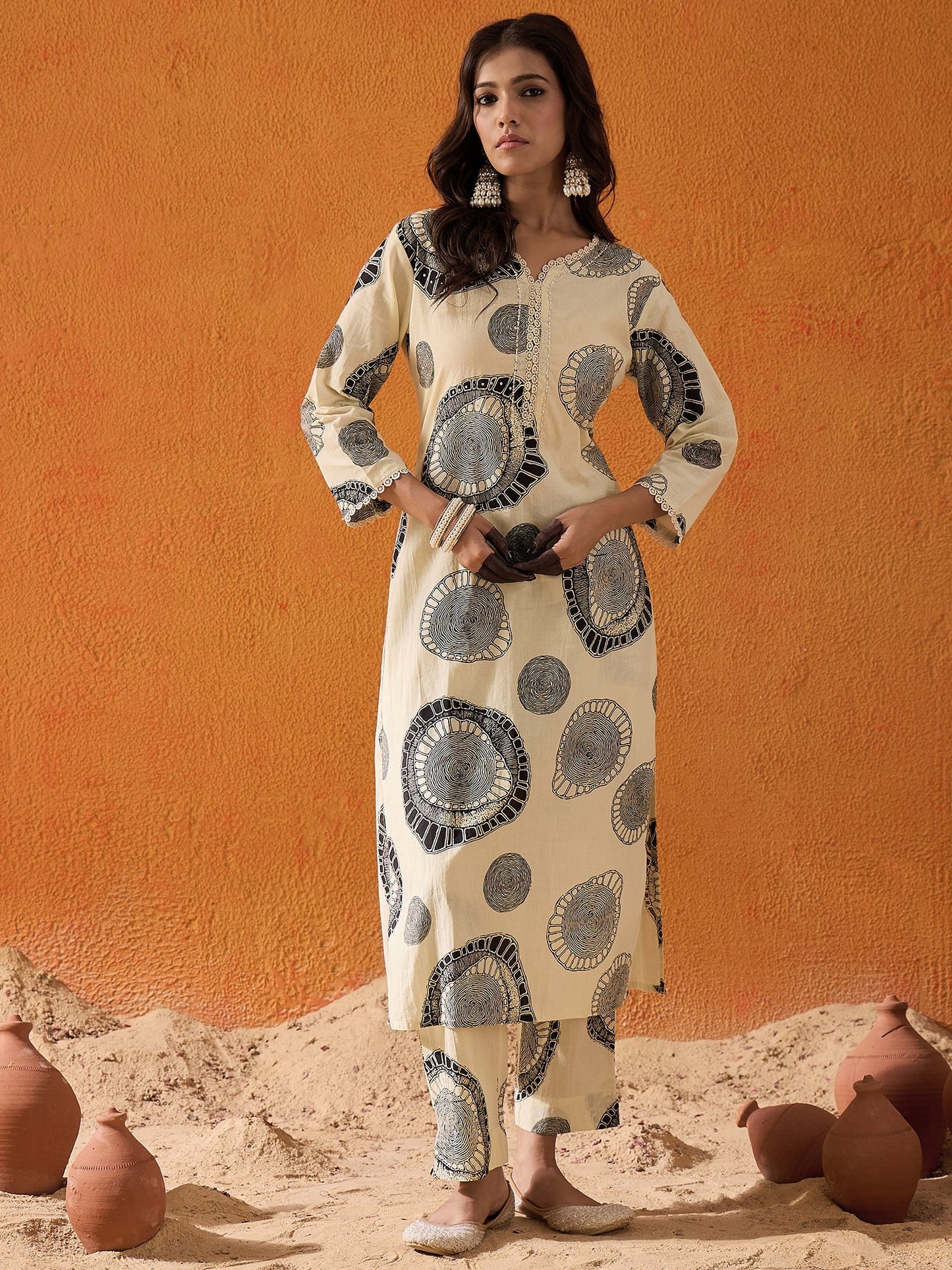 Cream Printed Straight Kurta Trousers With Dupatta set