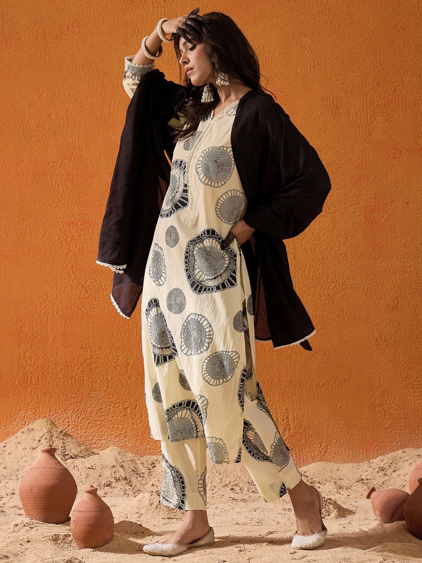 Cream Printed Straight Kurta Trousers With Dupatta set