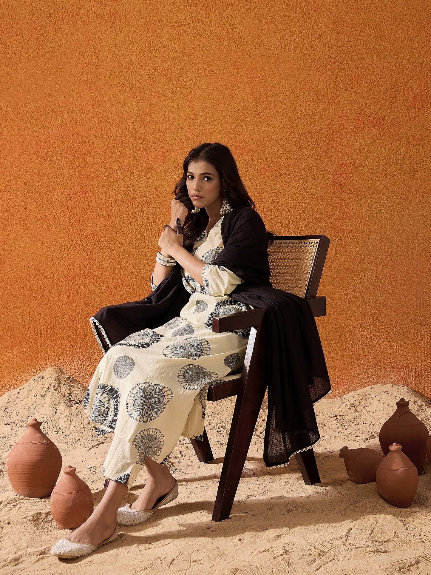 Cream Printed Straight Kurta Trousers With Dupatta set