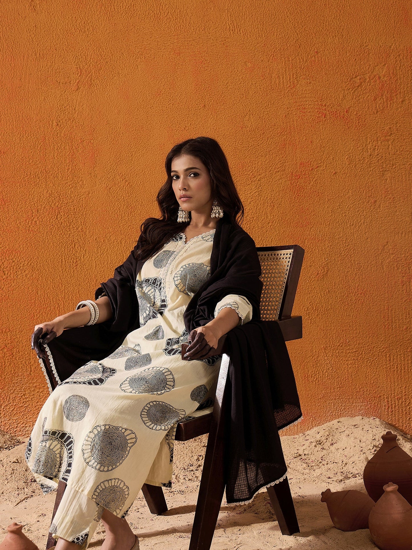 Cream Printed Straight Kurta Trousers With Dupatta set