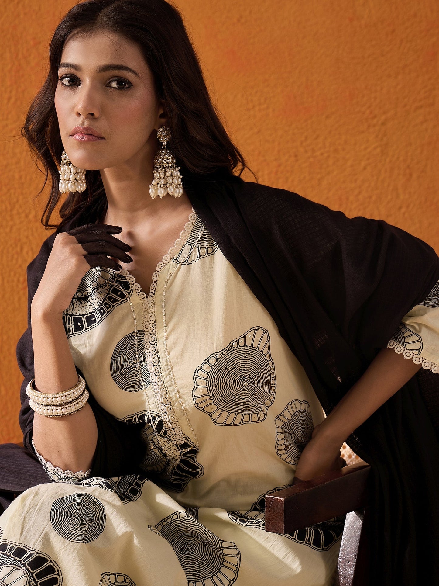 Cream Printed Straight Kurta Trousers With Dupatta set