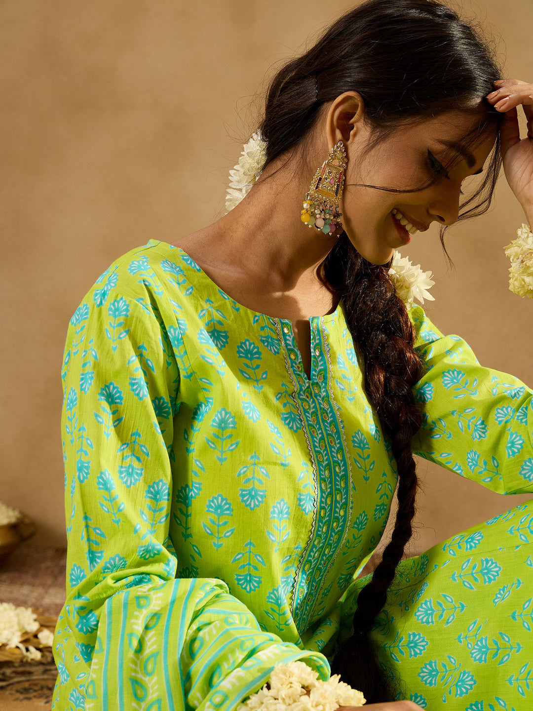 Indo Era Green Printed Straight Kurta Palazzos With Dupatta set