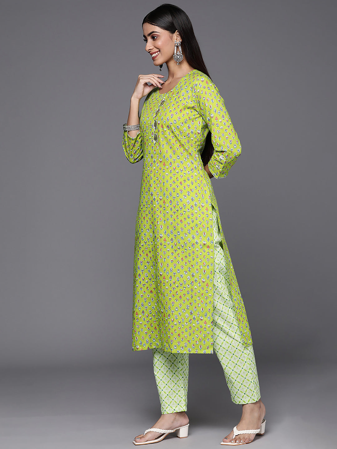 Indo Era Green Printed Straight Kurta Trousers With Dupatta Set