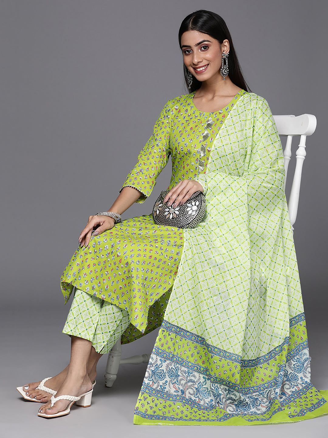 Indo Era Green Printed Straight Kurta Trousers With Dupatta Set
