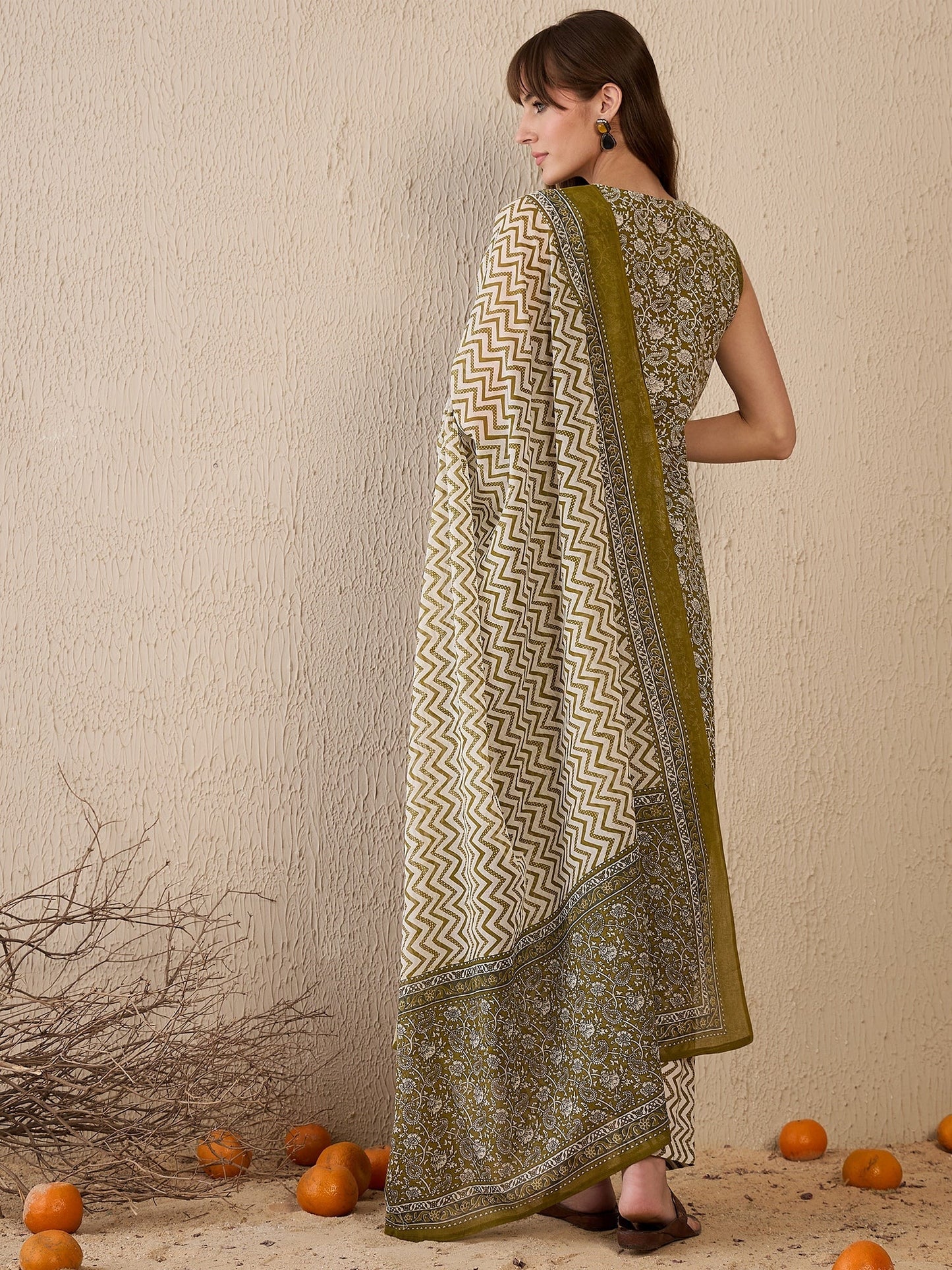 Green Printed Straight Kurta Trousers With Dupatta Set