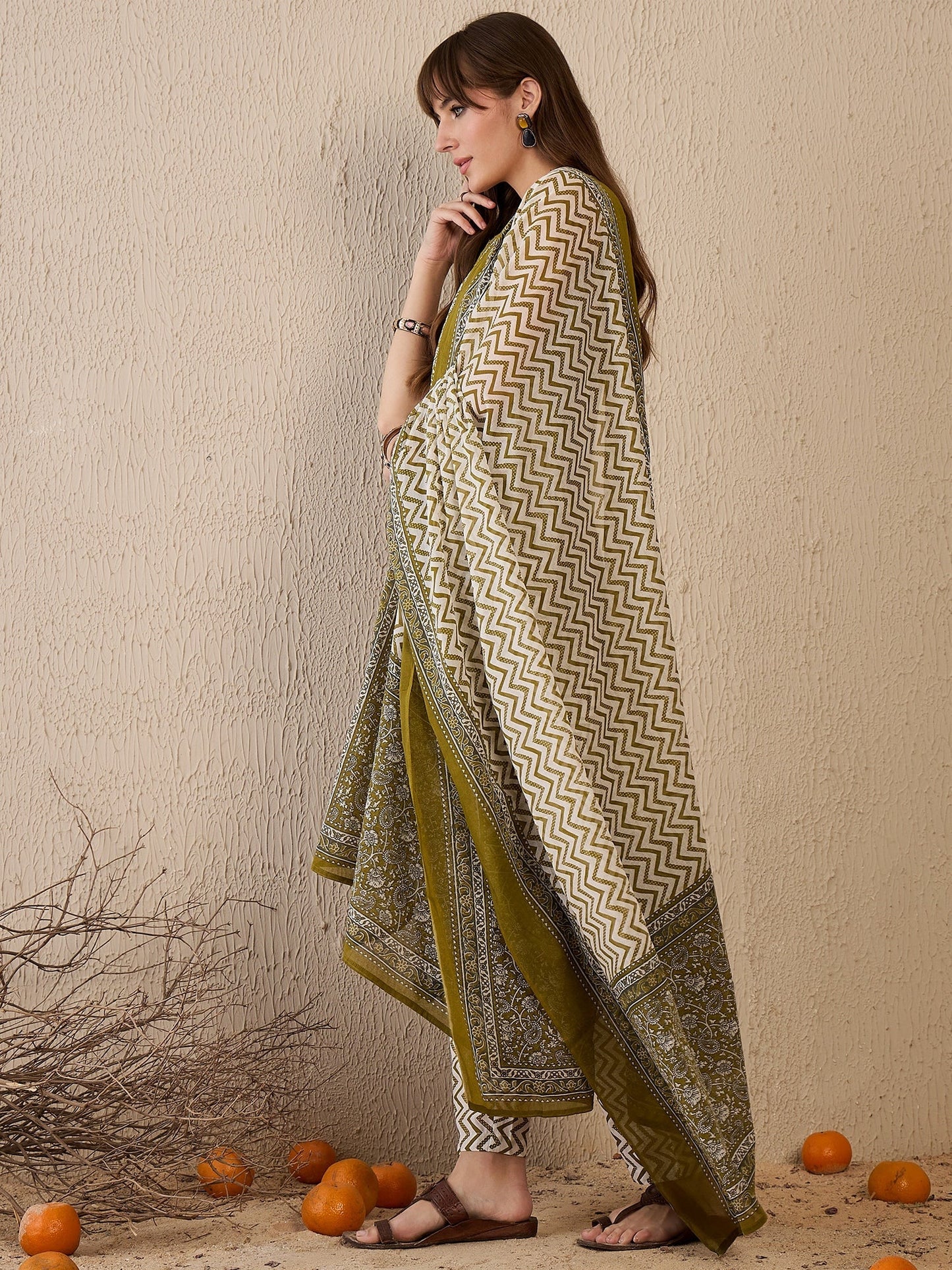 Green Printed Straight Kurta Trousers With Dupatta Set