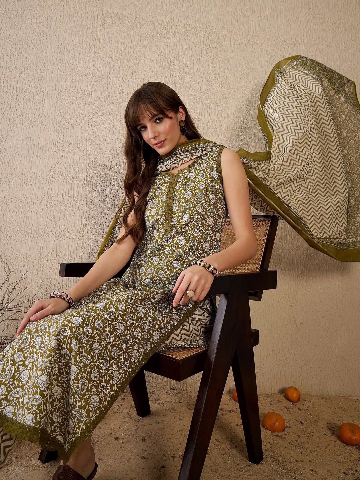 Green Printed Straight Kurta Trousers With Dupatta Set