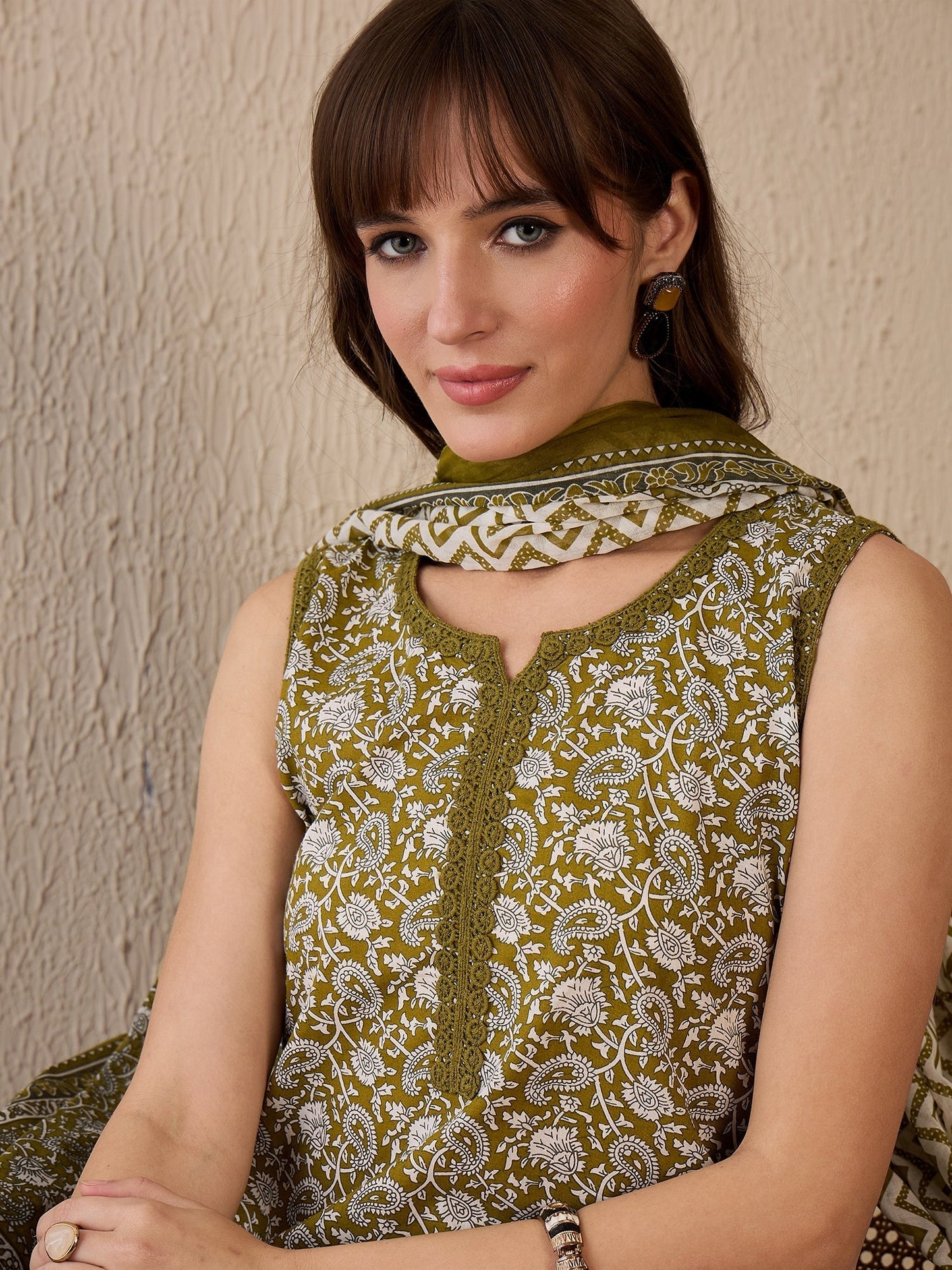 Green Printed Straight Kurta Trousers With Dupatta Set