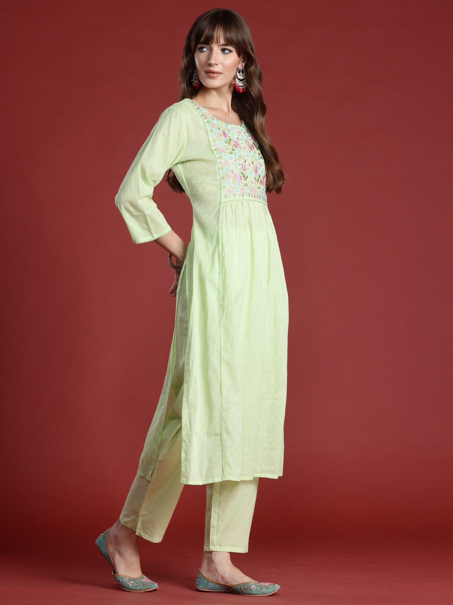 Green Embroidered A-Line Kurta Trousers With Dupatta Set