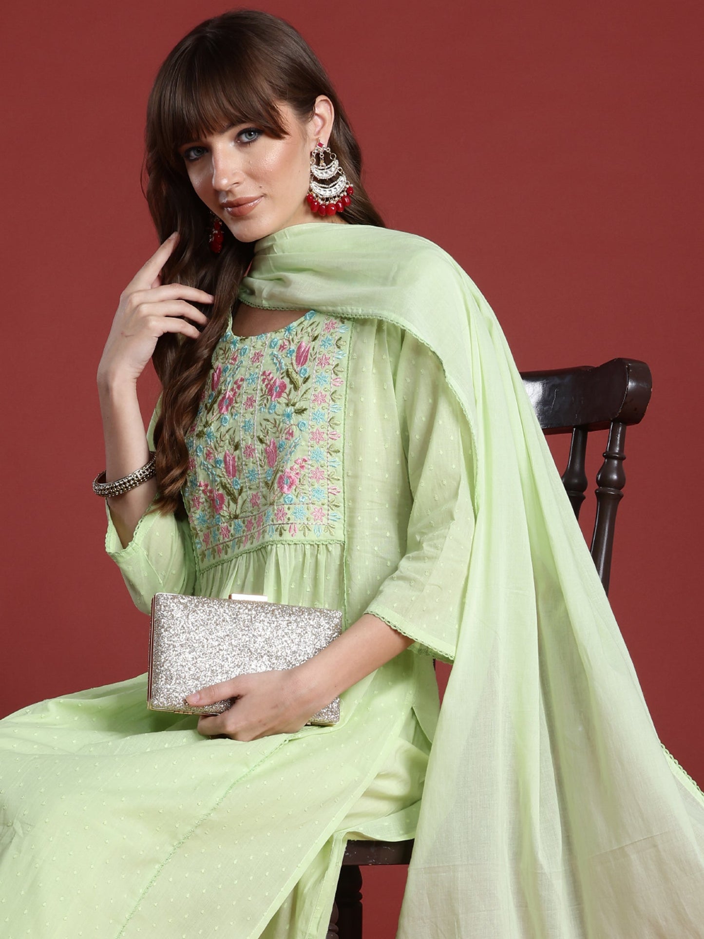 Green Embroidered A-Line Kurta Trousers With Dupatta Set