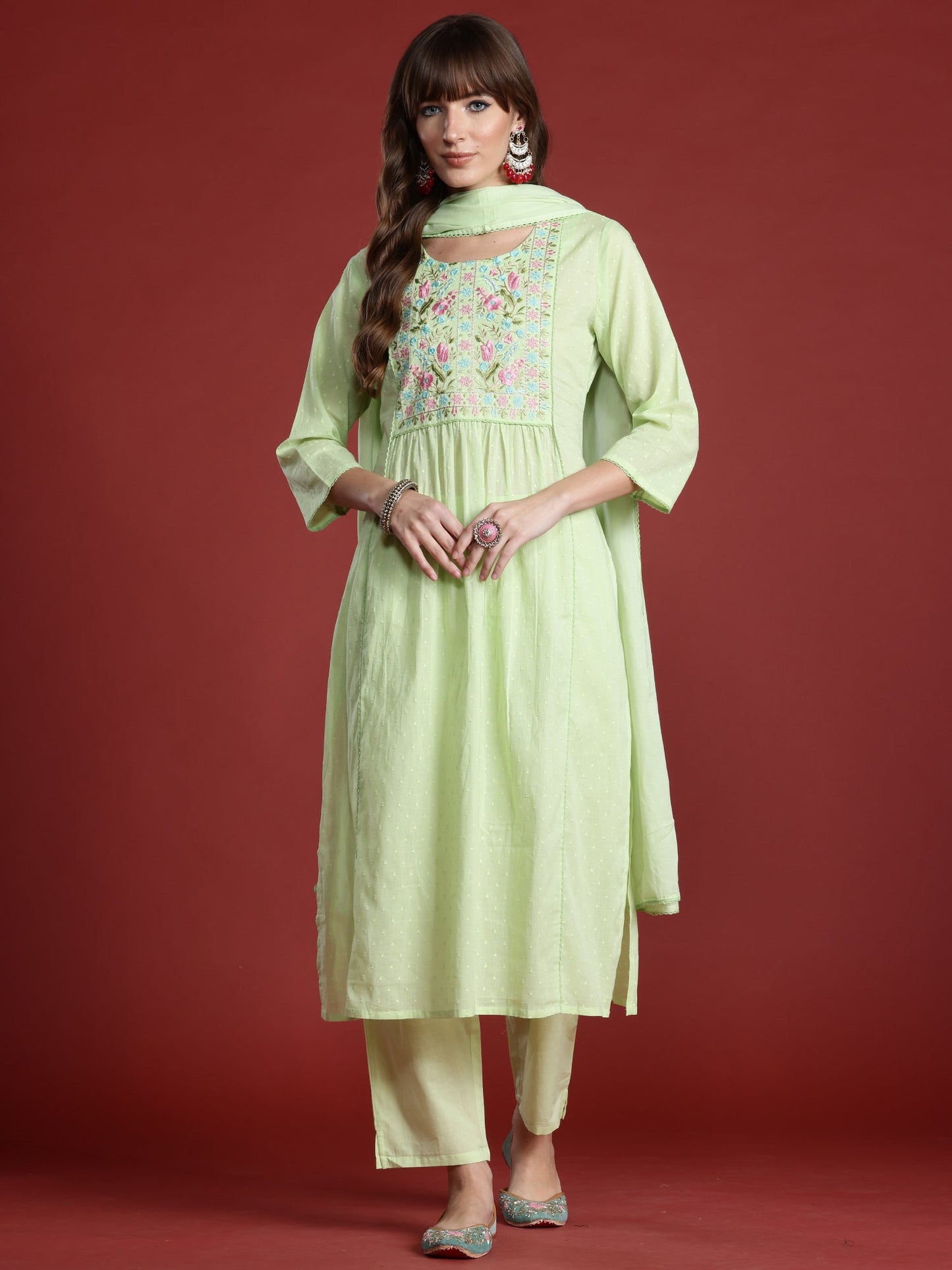 Green Embroidered A-Line Kurta Trousers With Dupatta Set
