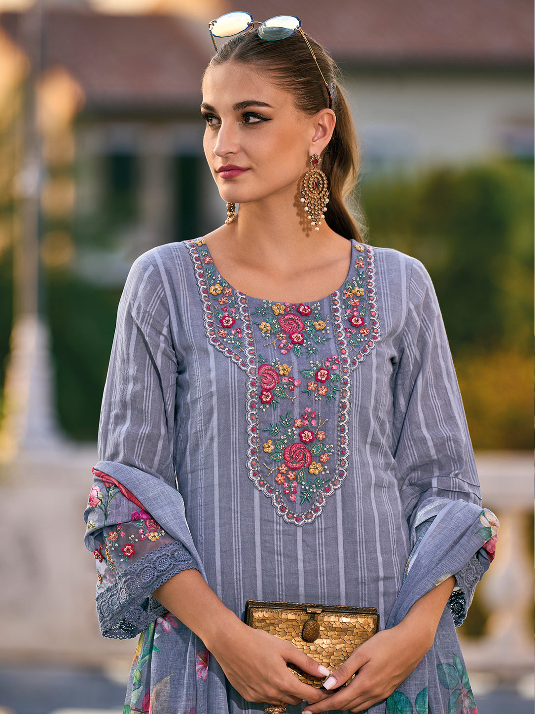 Indo Era Grey Embroidered Straight Kurta Trousers With Dupatta set