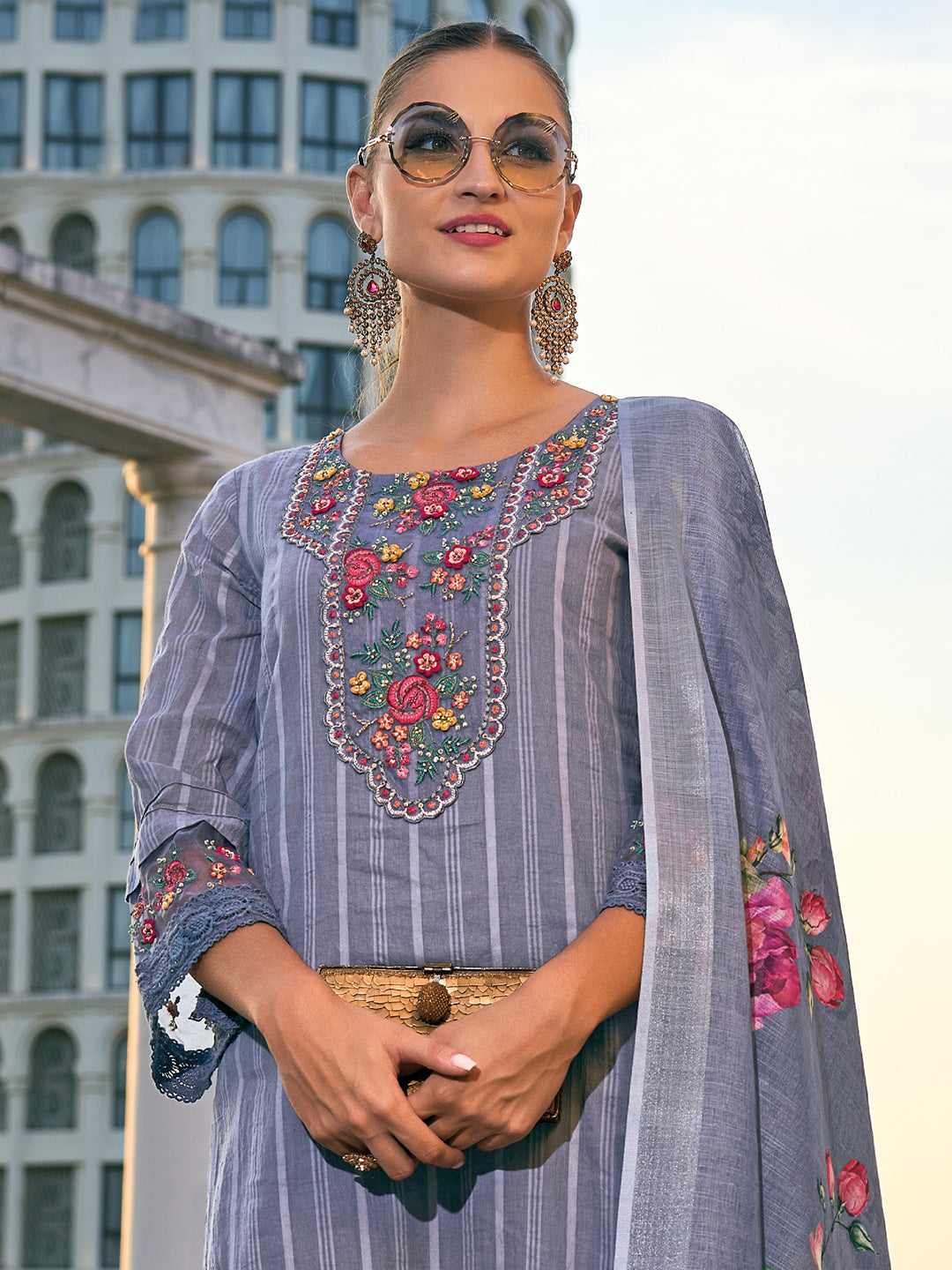 Indo Era Grey Embroidered Straight Kurta Trousers With Dupatta set
