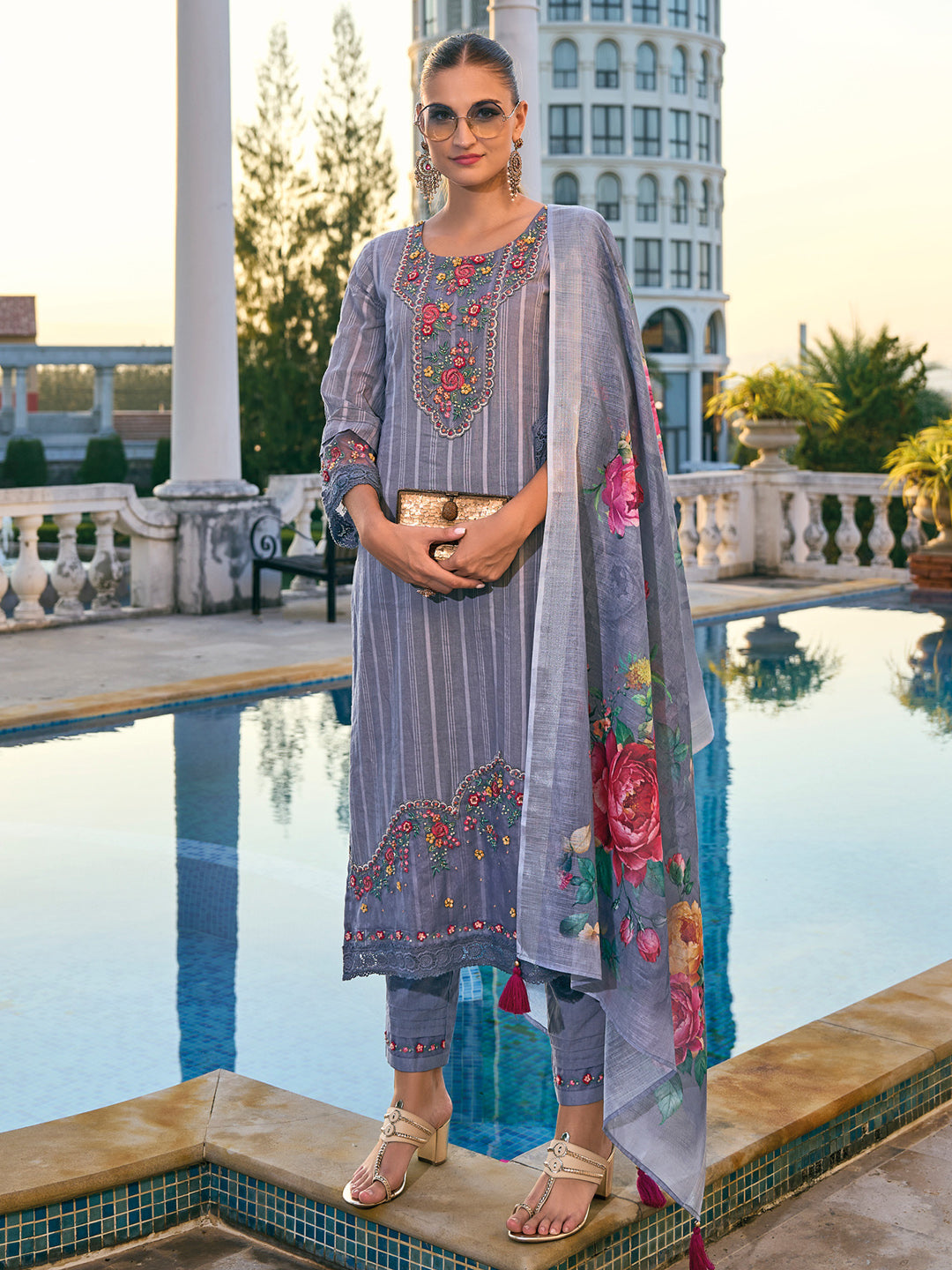 Indo Era Grey Embroidered Straight Kurta Trousers With Dupatta set