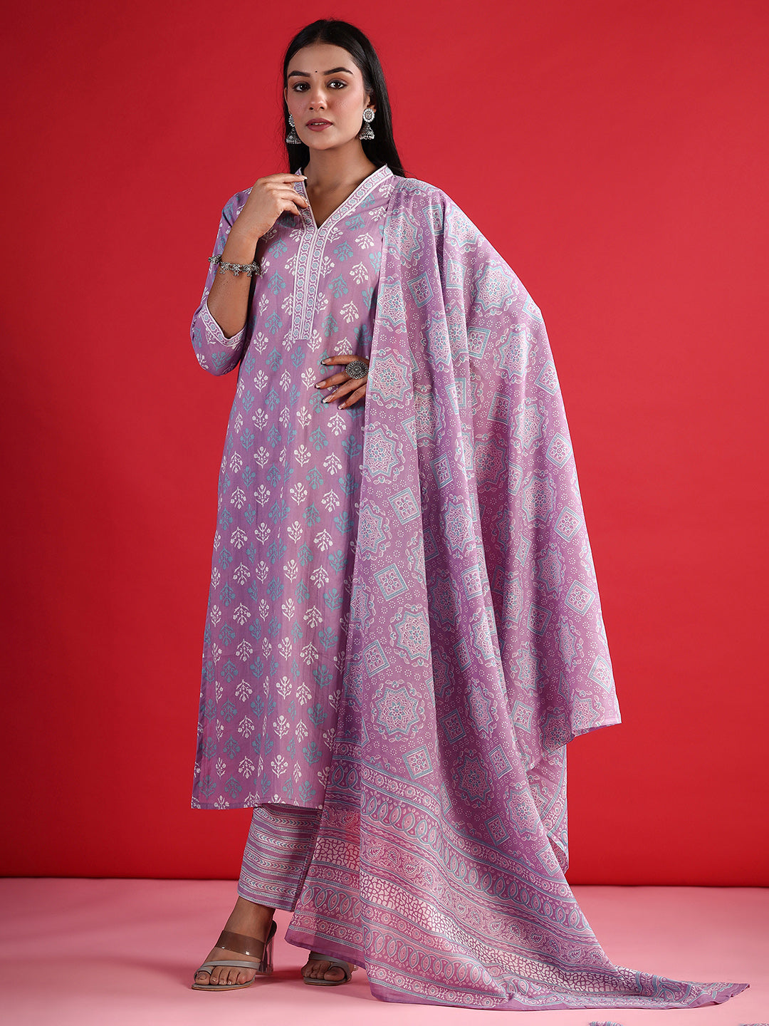 Indo Era Lavender Printed Straight Kurta Trousers With Dupatta set