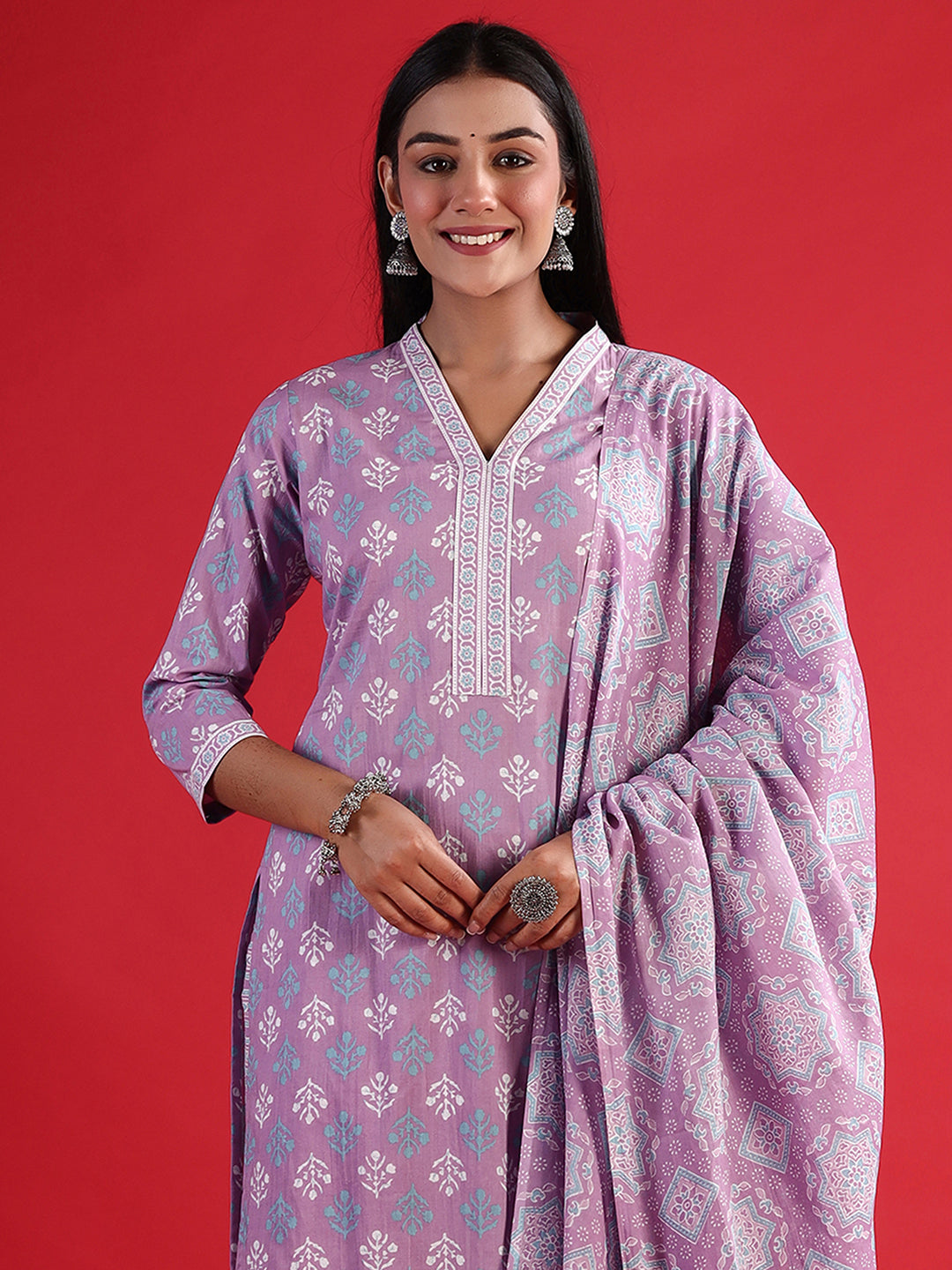 Indo Era Lavender Printed Straight Kurta Trousers With Dupatta set