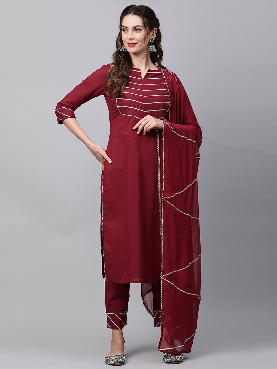 Maroon Solid Yoke Kurta Palazzo With Hand Made Dupatta Set