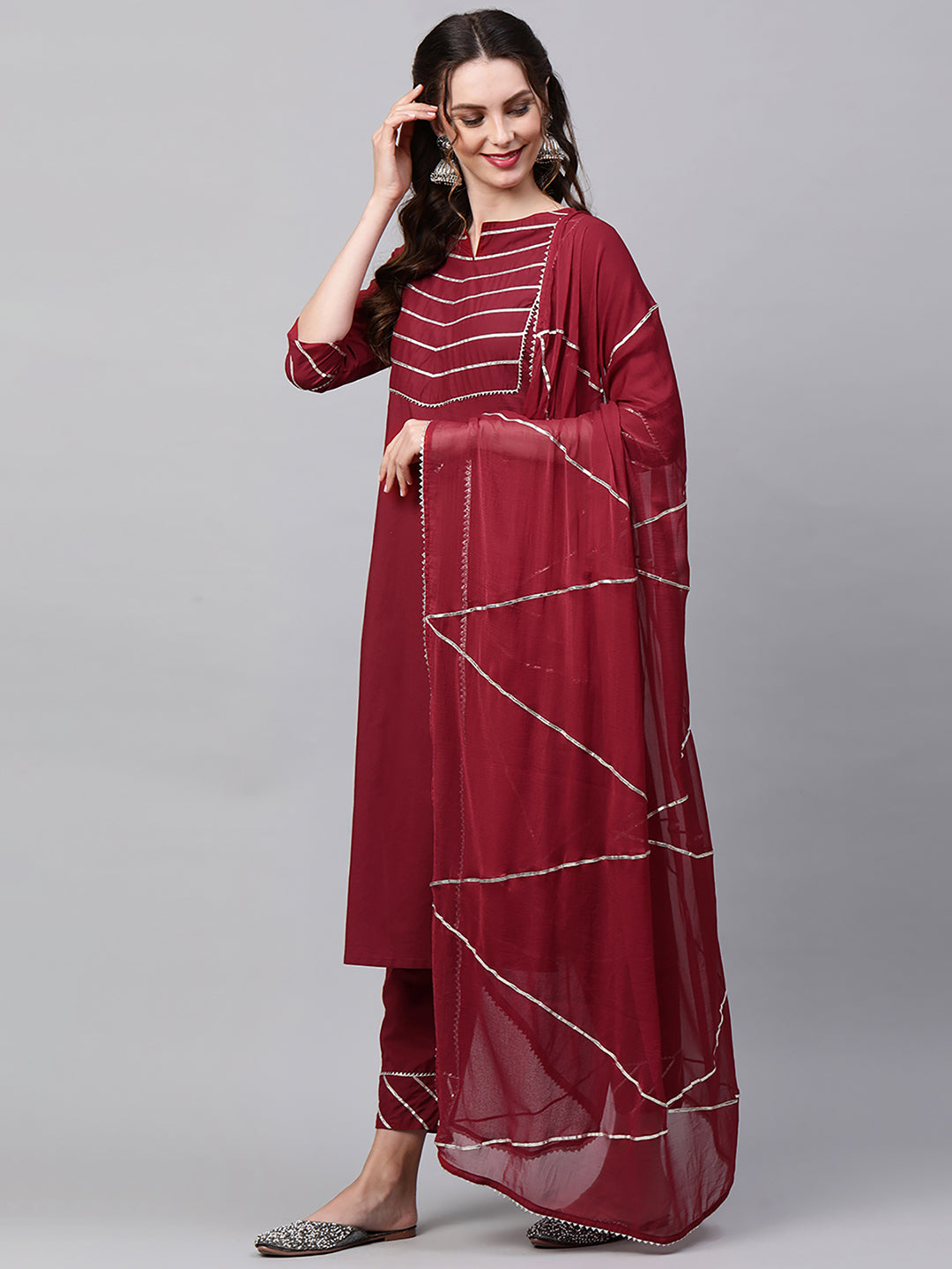 Maroon Solid Yoke Kurta Palazzo With Hand Made Dupatta Set