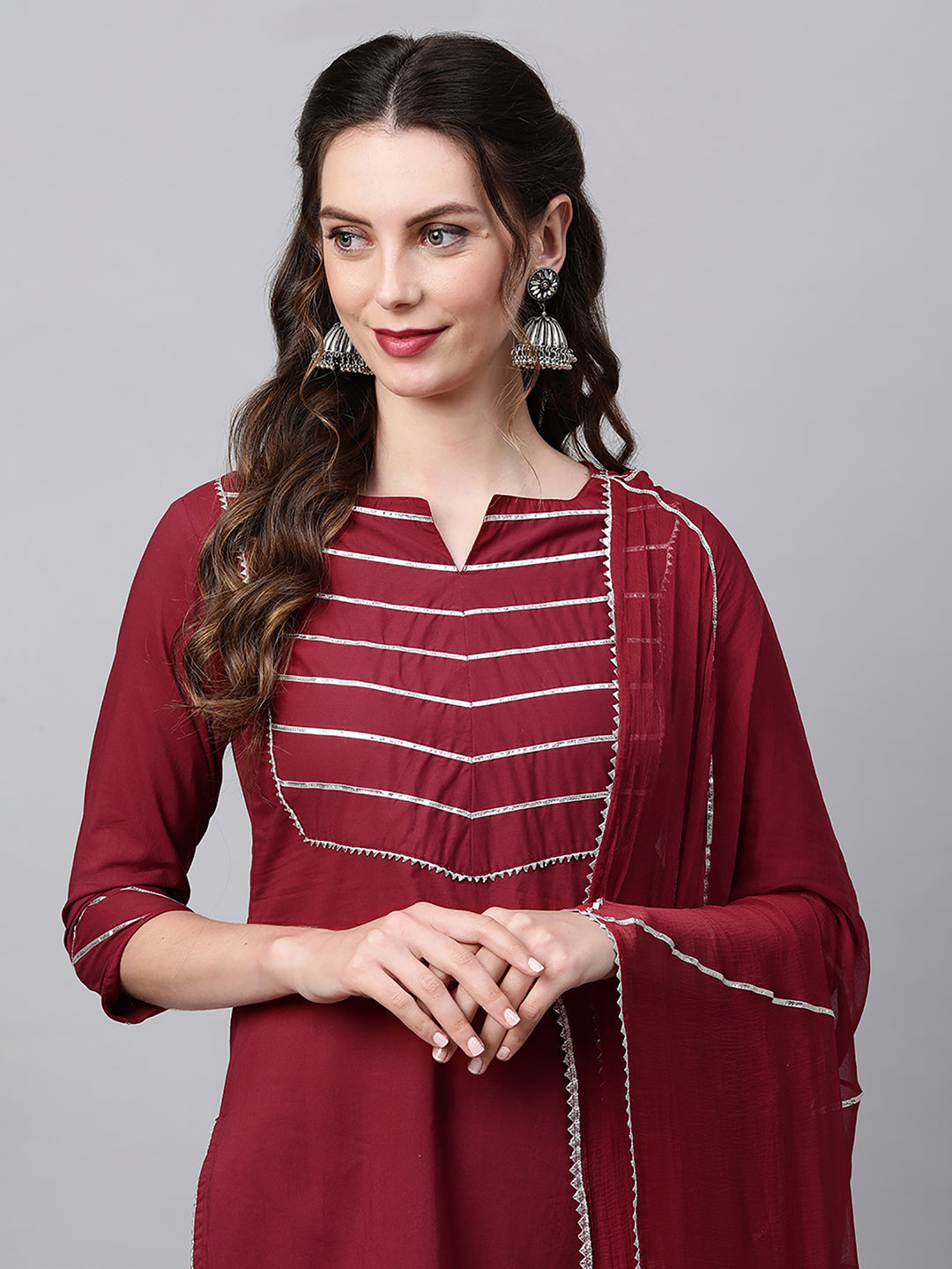 Maroon Solid Yoke Kurta Palazzo With Hand Made Dupatta Set