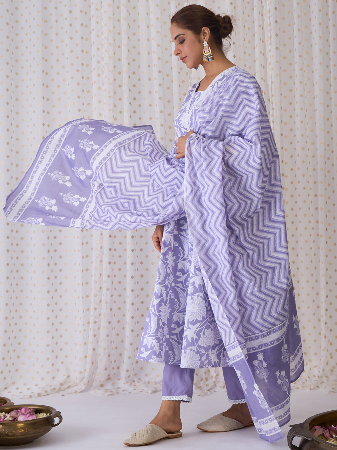 Indo Era Lavender Printed A-Line Kurta Trousers With Dupatta set