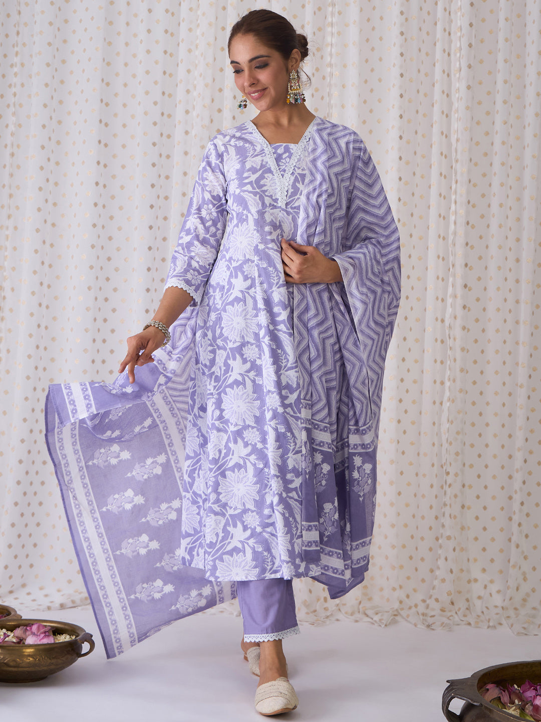 Indo Era Lavender Printed A-Line Kurta Trousers With Dupatta set