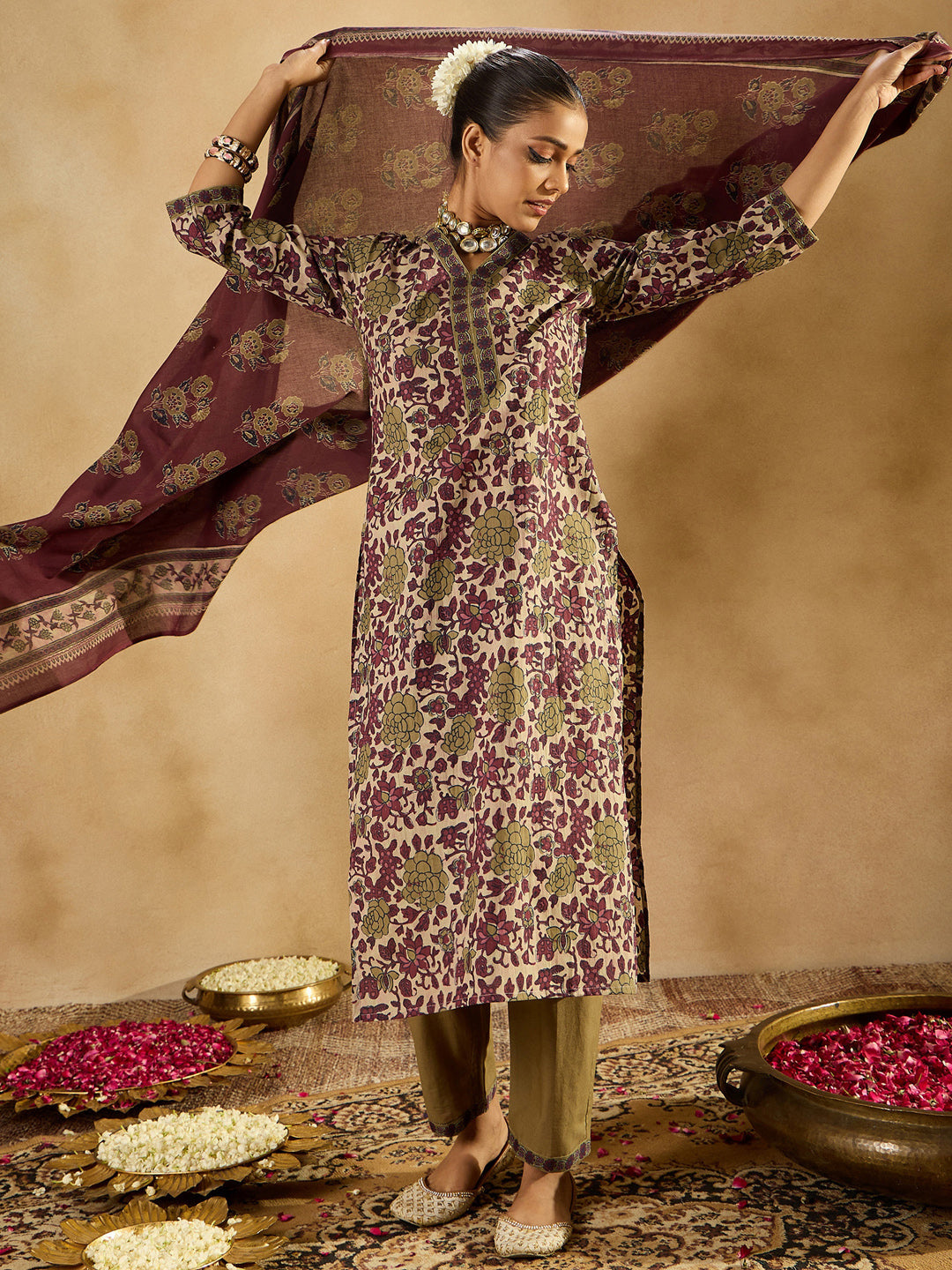 Indo Era Burgundy Printed Straight Kurta Trousers With Dupatta set