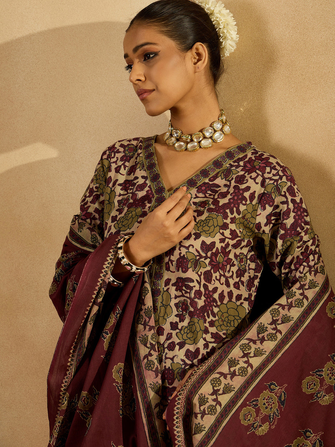 Indo Era Burgundy Printed Straight Kurta Trousers With Dupatta set